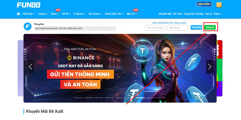 B1: Bấm nút đăng ký fun88 tại giao diện chính